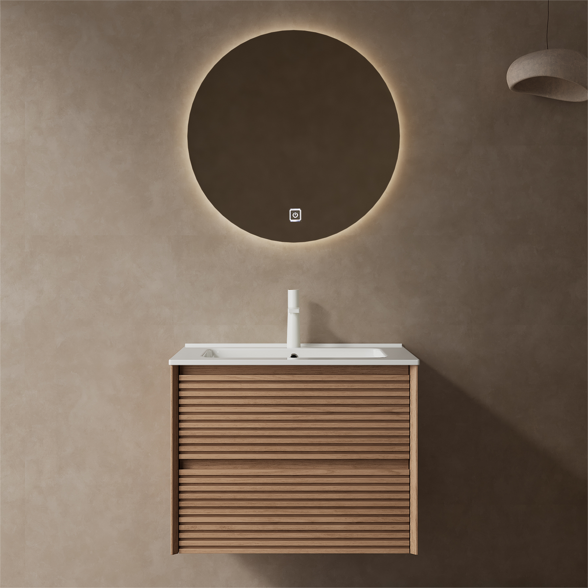 Bron 24" Bathroom Vanity With Sink, Modern Wall Mounted Floating Plywood Bathroom Storage Cabinet With 2 Drawers, White Ceramic Basin With Sink Hole Cover And Drain, Pre Assembled, Natural Walnut White Walnut Bathroom Modern Plywood Ceramic