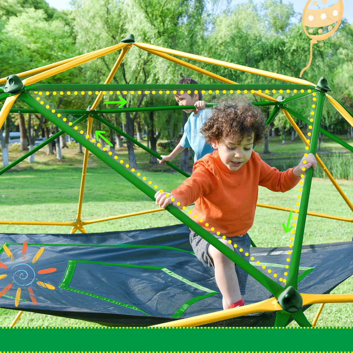 13Ft Geometric Dome Climber Play Center, Kids Climbing Dome Tower With Hammock, Rust & Uv Resistant Steel Supporting 1000 Lbs Yellow Metal