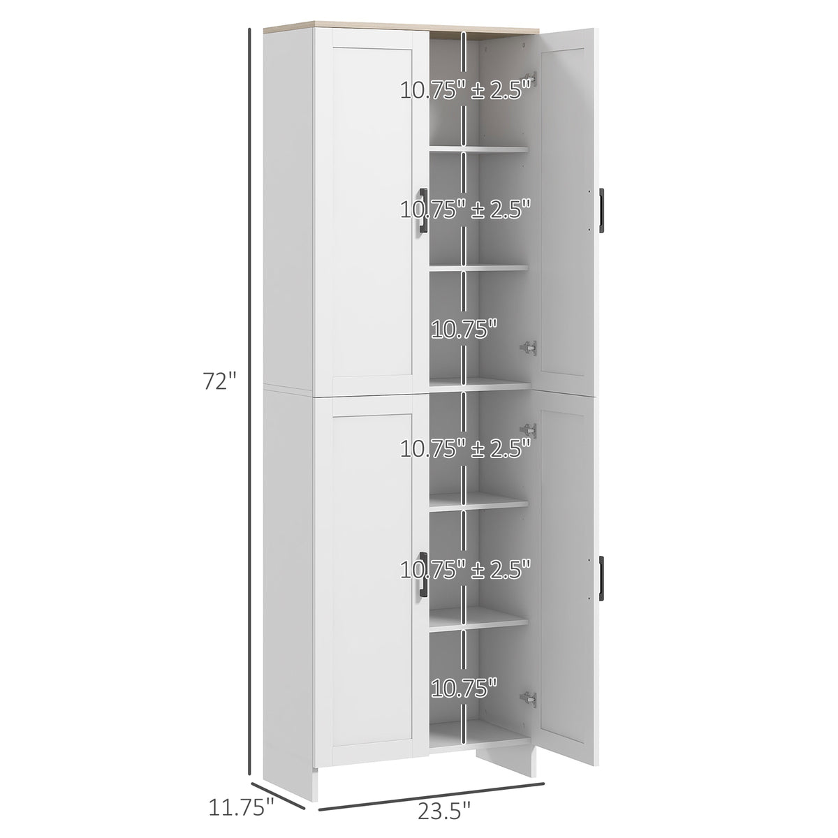 Homcom 72" Freestanding Kitchen Pantry, 4 Door Storage Cabinet Organizer With Adjustable Shelves, Kitchen Cabinet With Doors And Shelves, White White Particle Board