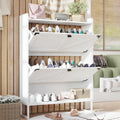 Shoe Cabinet With 2 Flip Drawers,Shoe Storage Cabinet For Entryway,Freestanding Shoe Cabinet Organizer With Open Storage,Narrow Farmhouse Shoe Rack With Metal Corner Decoration Legs,White White Bedroom Farmhouse Mdf