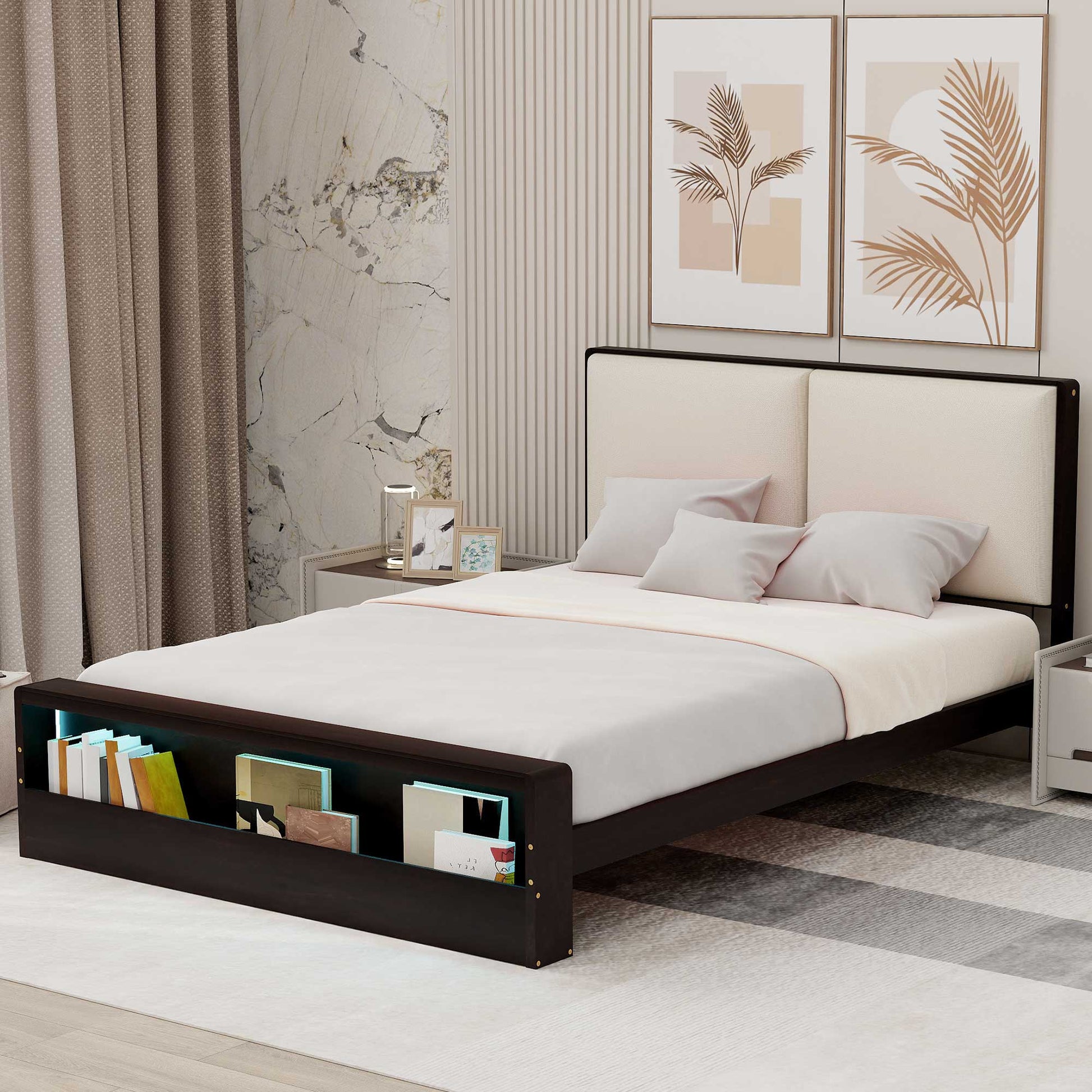 Queen Size Platform Bed Frame With Upholstery Headboard And Bookshelf In Footboard And Led Light Strips, Espresso Queen Espresso Solid Wood Mdf