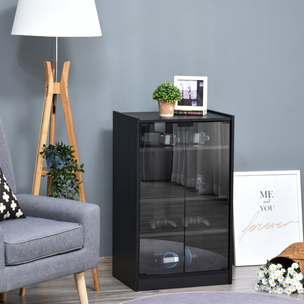 Homcom 5 Tier Media Stand Cabinet With 3 Level Adjustable Shelves, Tempered Glass Doors, And Cable Management, Distressed Black Distressed Black Particle Board