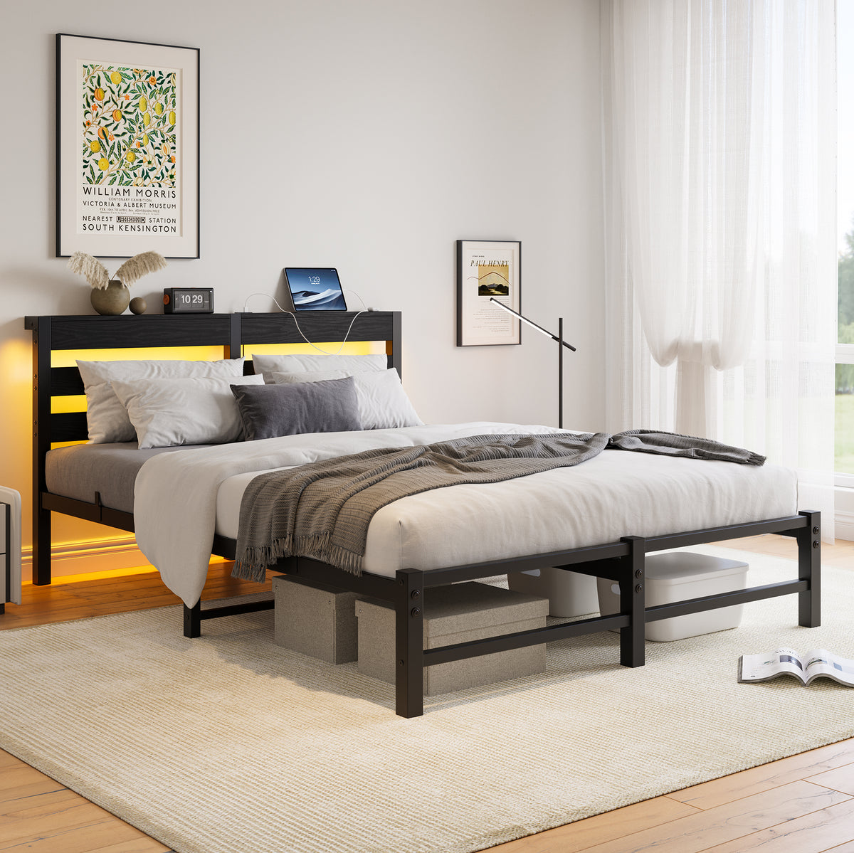 Queen Size Metal Bed Frame With Wooden Headboard, Rgb Lights, Charger, Storage Shelf, Noise Free, No Box Spring Needed, Black Box Spring Not Required Queen Black Metal Bedroom Bed Frame Metal & Wood