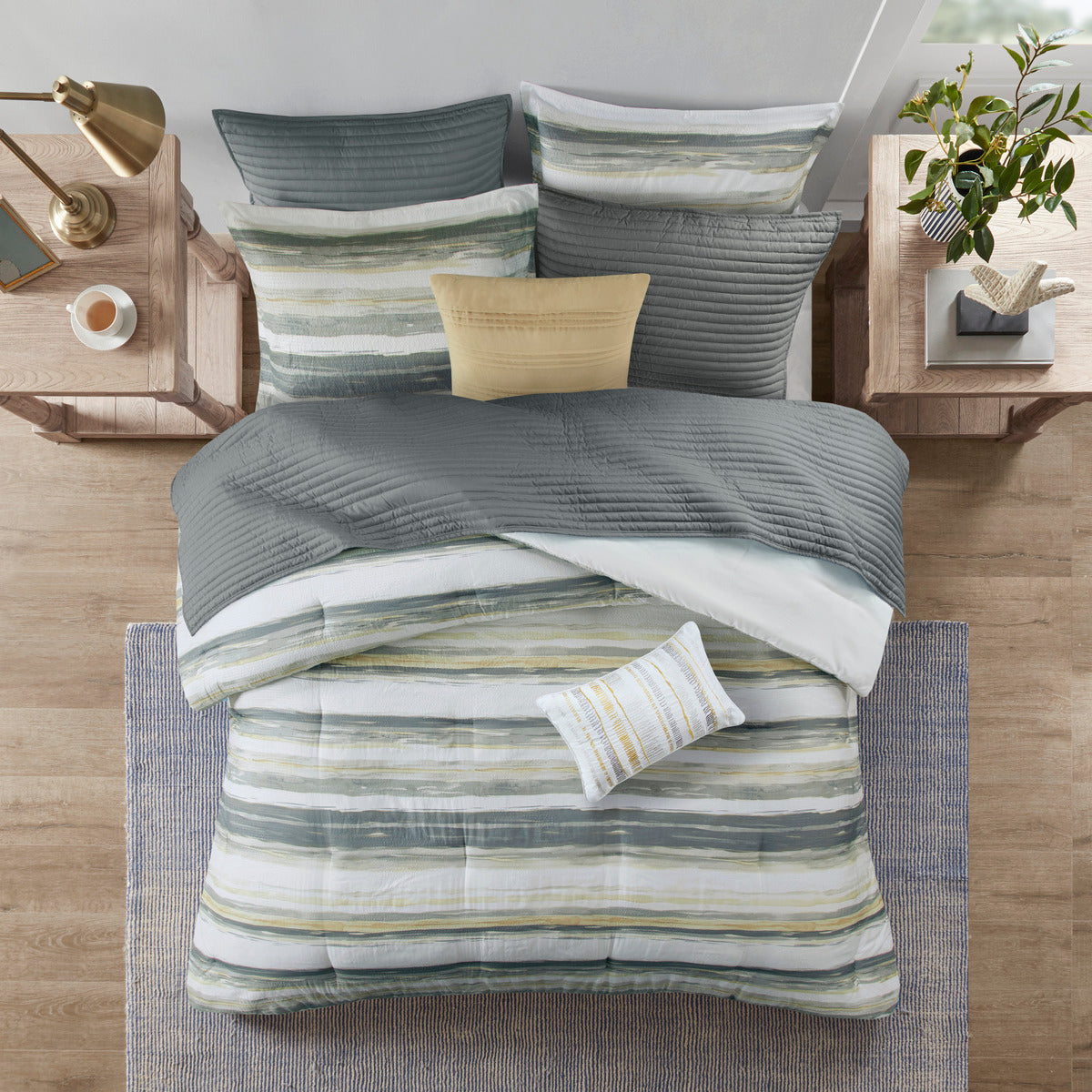 8 Piece Printed Seersucker Comforter And Quilt Set Collection Yellow Full Queen Full Yellow Polyester