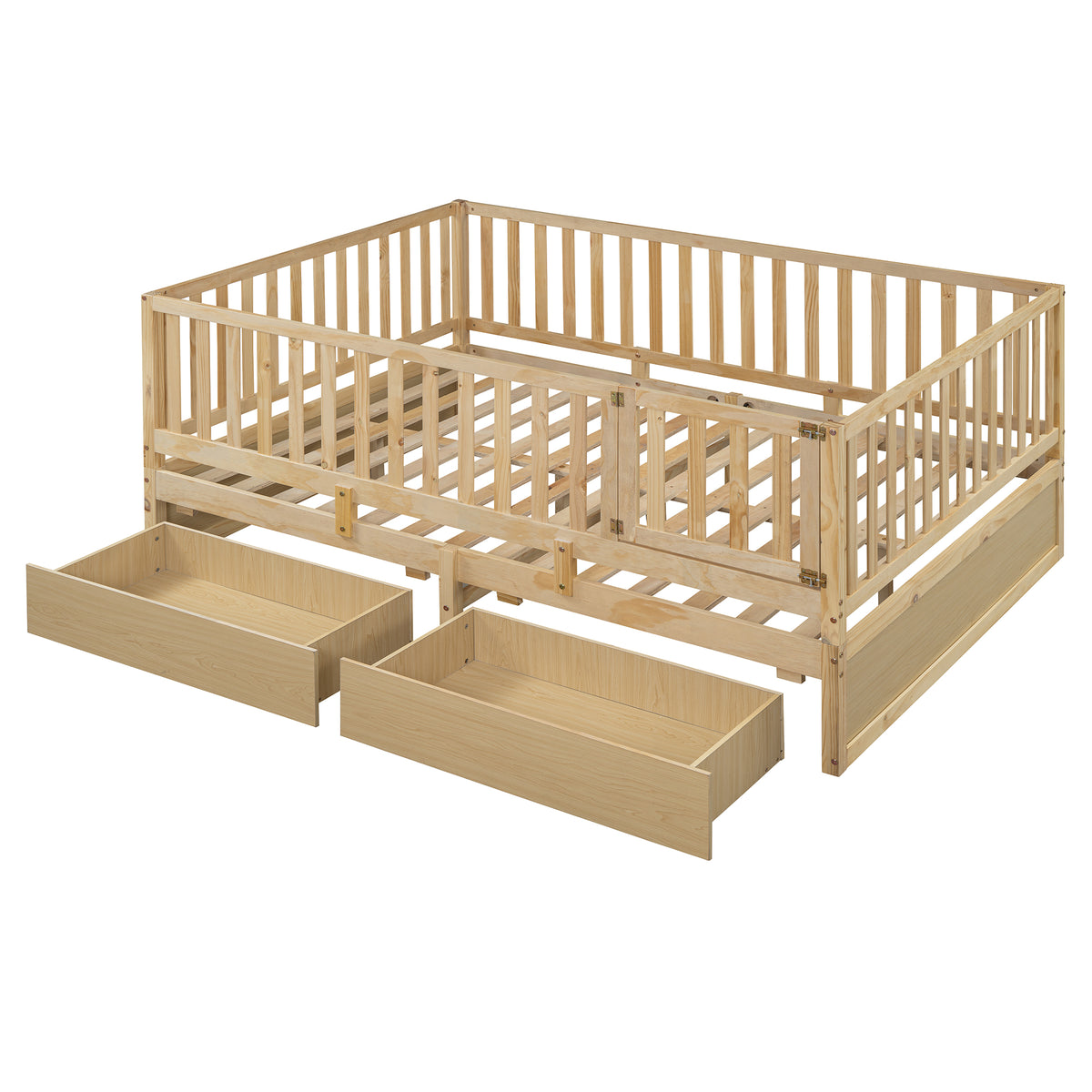 Full Size Wood Daybed With Fence Guardrails And 2 Drawers, Split Into Independent Floor Bed & Daybed, Natural Old Sku :Lp000882Aan Full Natural Solid Wood Mdf