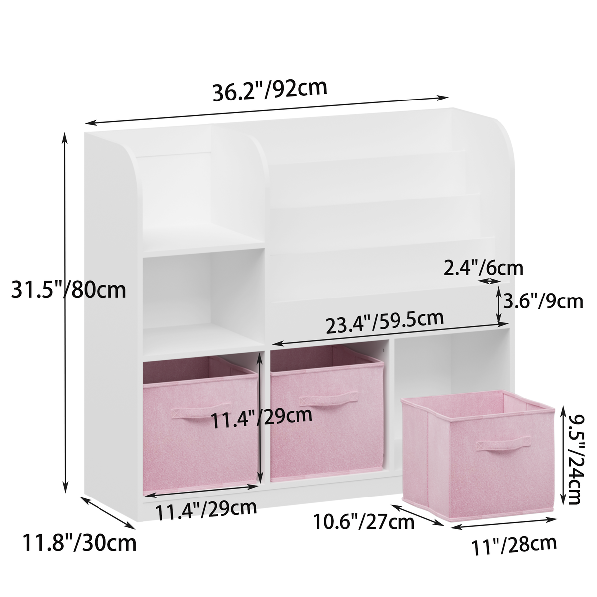Kids Bookcase And Bookshelf, Multifunctional Bookcase With 3 Collapsible Fabric Drawers, Bookcase Display Stand, Toy Storage Organizer For Bedroom, Playroom, Hallway White Pink White Pink Fabric,Mdf