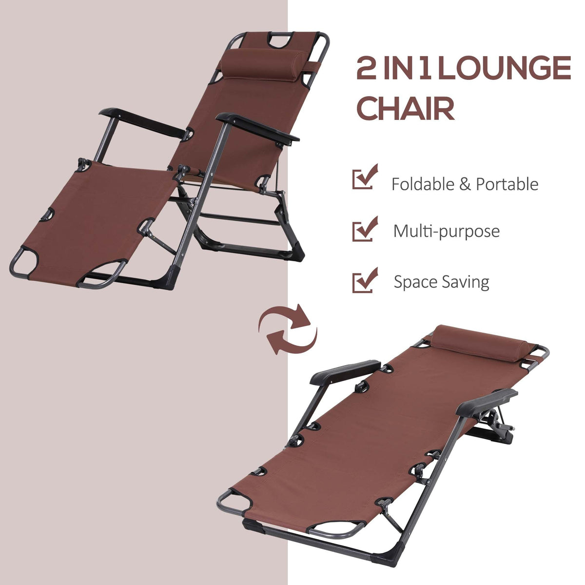 Outsunny Folding Chaise Lounge Chair For Outside, 2 In 1 Tanning Chair With Pillow & Pocket, Adjustable Pool Chair For Beach, Patio, Lawn, Deck, Brown Brown Metal