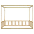 Full Size Canopy Frame Floor Bed With Fence, Guardrails,Natural Full Natural American Design Pine