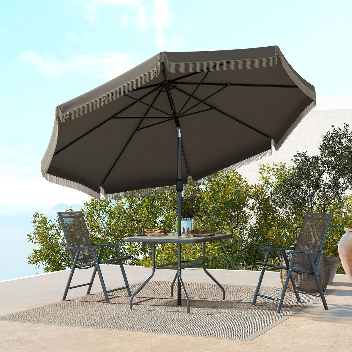 Outsunny 9Ft Patio Umbrella With Push Button Tilt And Crank, Ruffled Outdoor Market Table Umbrella With Tassles And 8 Ribs, For Garden, Deck, Pool, Dark Gray Dark Grey Polyester