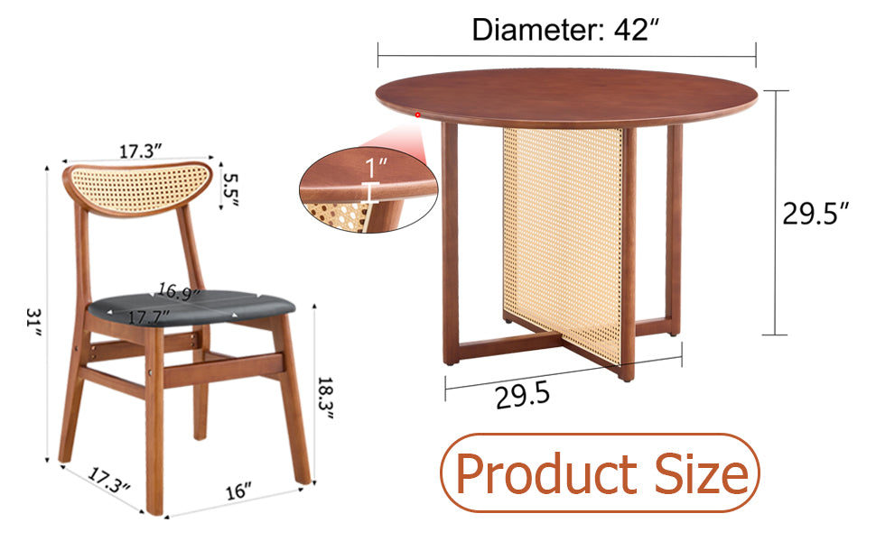 Table And Chair Set, Ancient Style Solid Wood Dining Table, Imitation Rattan Table Legs, Beautiful Simple Solid Wood Dining Chair, Perfect For Dinner, Meetings, Home And Office Decoration Walnut Rubber Wood