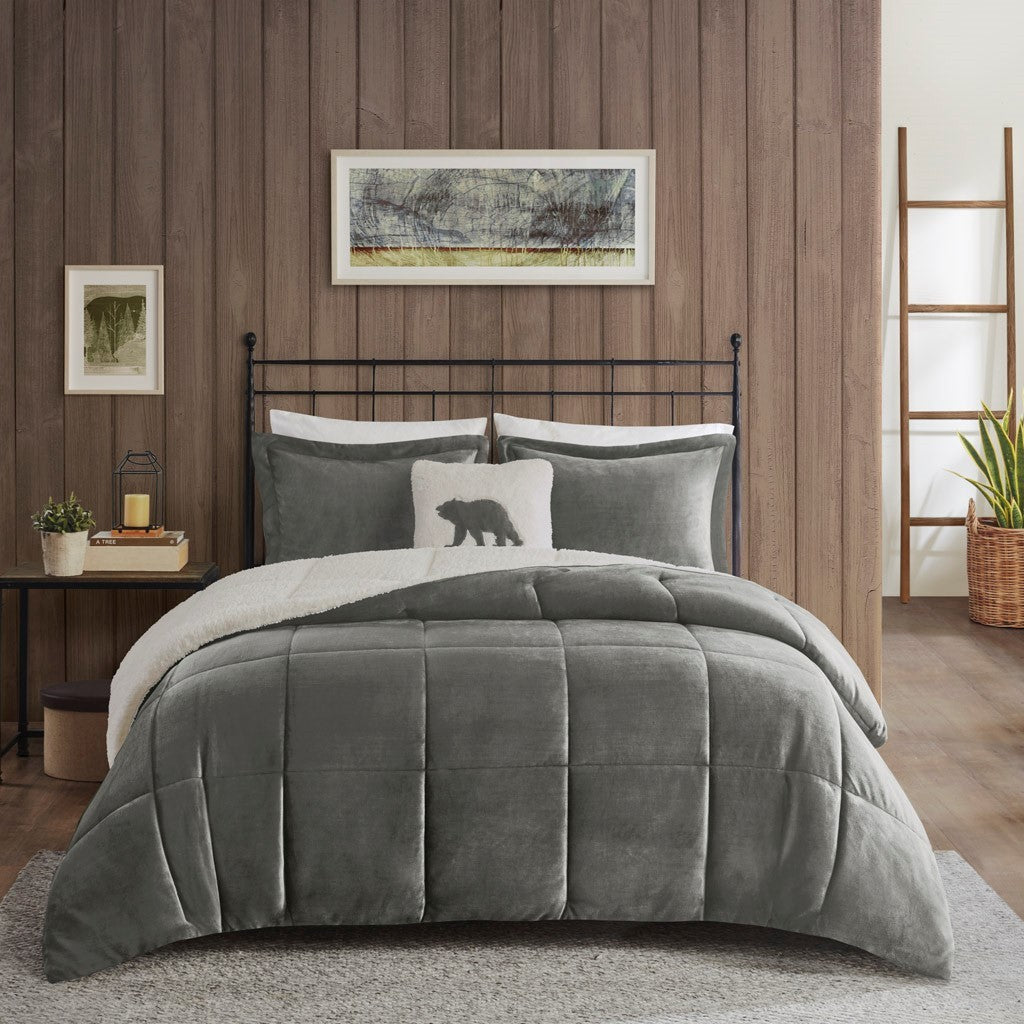 Plush To Sherpa Down Alternative Comforter Set King Charcoal Ivory Polyester
