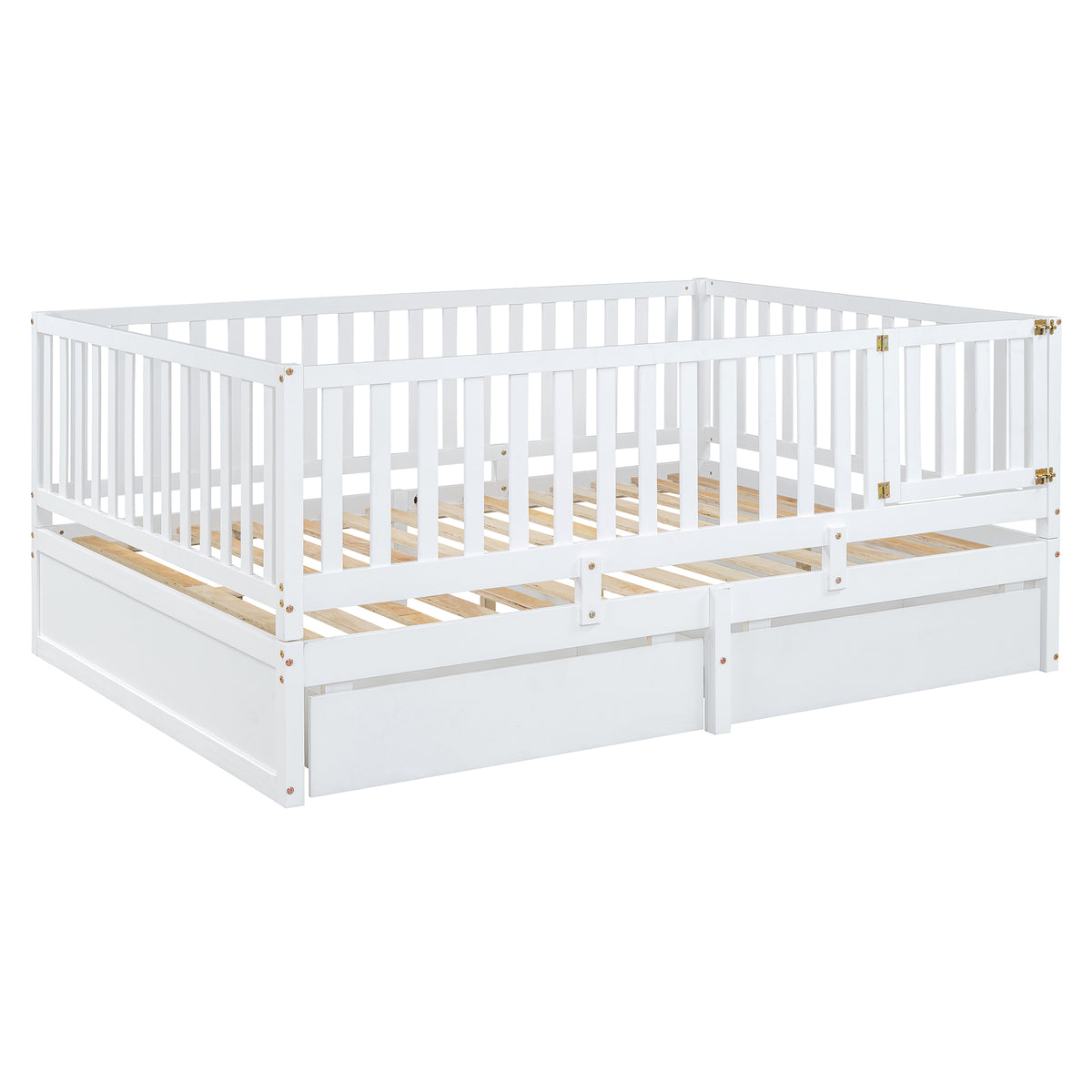 Full Size Wood Daybed With Fence Guardrails And 2 Drawers, Split Into Independent Floor Bed & Daybed, White Old Sku :Lp000882Aak Full White Solid Wood Mdf