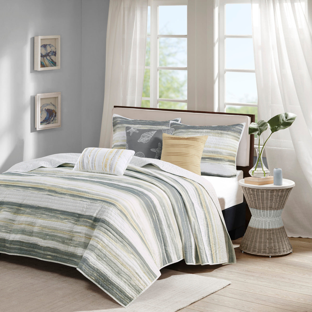 6 Piece Printed Quilt Set With Throw Pillows Yellow Full Queen Full Yellow Cotton