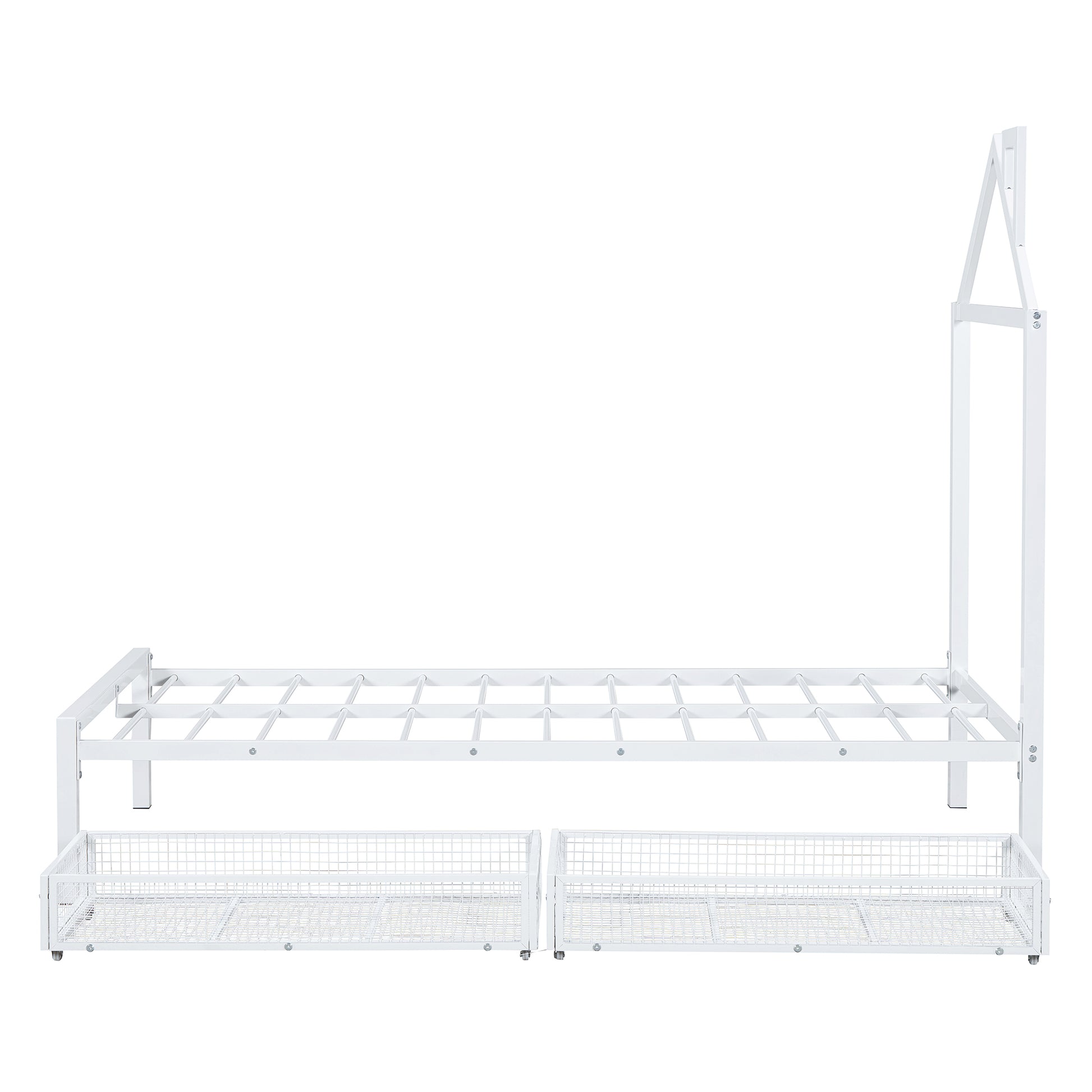 Twin Size Metal Platform Bed With Two Drawers,House Shaped Headboard Design, White Twin White Metal