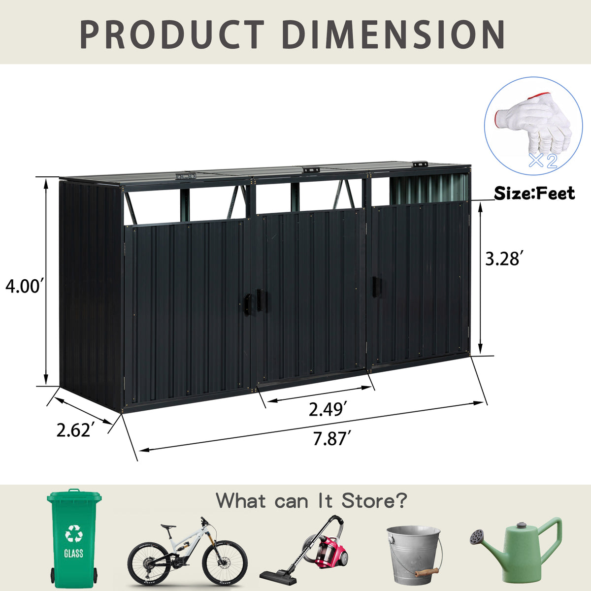 Garbage Bin Shed Stores 3 Trash Cans Metal Outdoor Bin Shed For Garbage Storage,Stainless Galvanized Steel, Bin Shed For Garden Yard Lawn W540S00009 Charcoal Iron