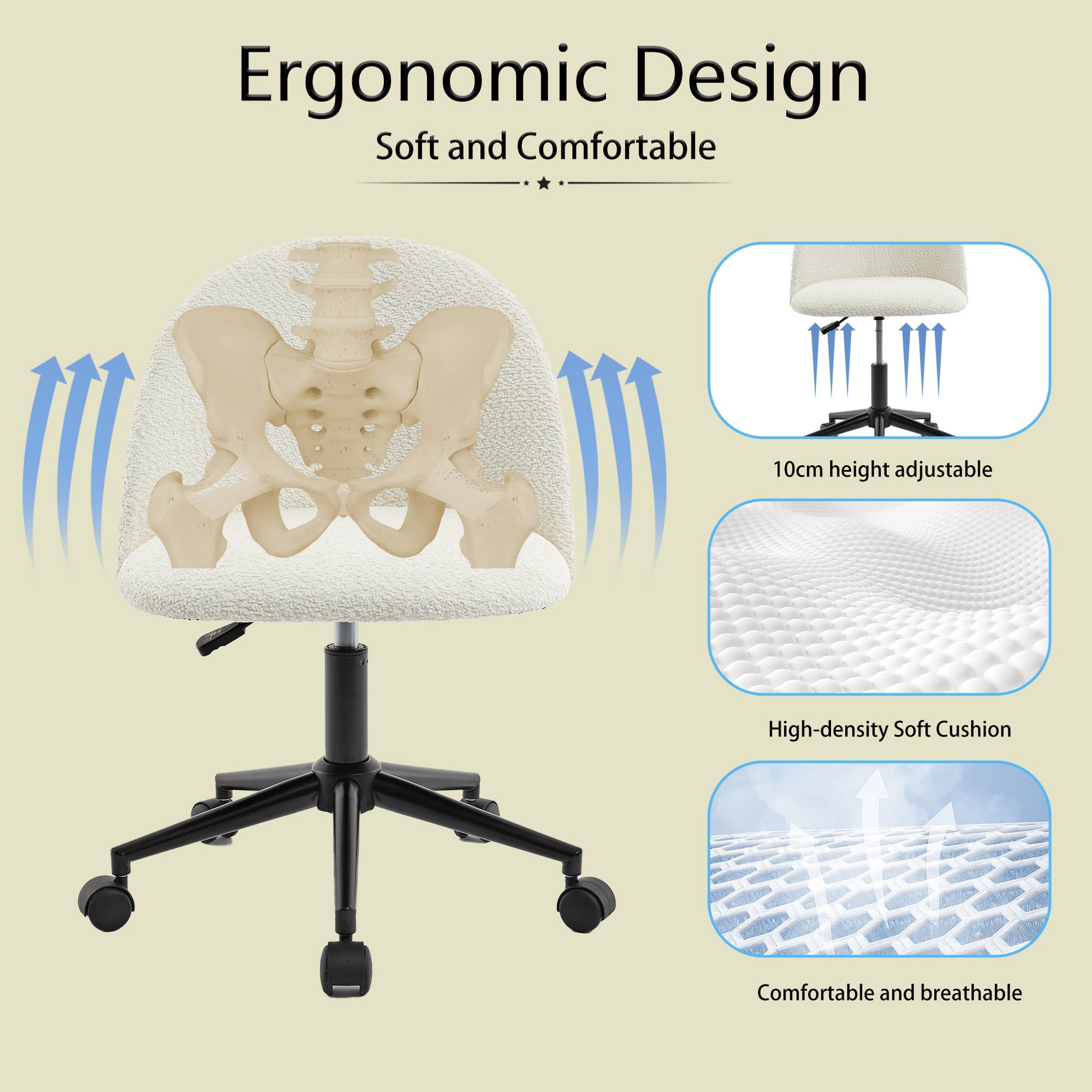 White Boucle Office Chair Desk Chair, Mid Back Adjustable Swivel Computer Chair With Black Legsmodern Upholstered Desk Chair With Wheels White Black Foam Polyester Blend
