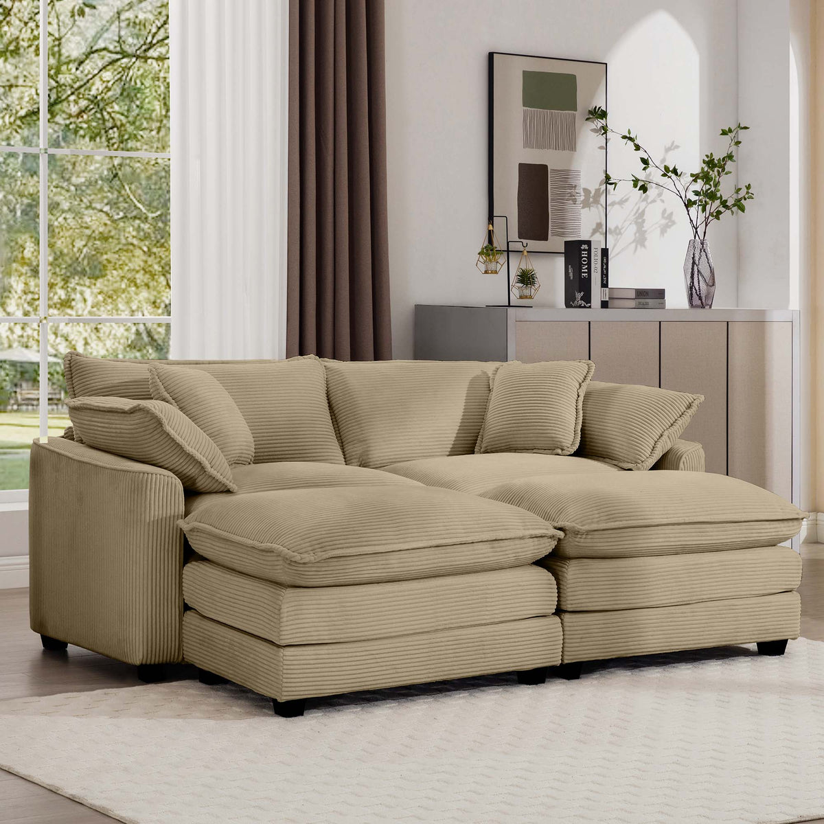 Corduroy Two Seater Sofa With 2 Footrest, 2 Seater Sofa With Ottoman For Small Living Spaces, Tan Corduroy Sofa Tan Corduroy 2 Seat