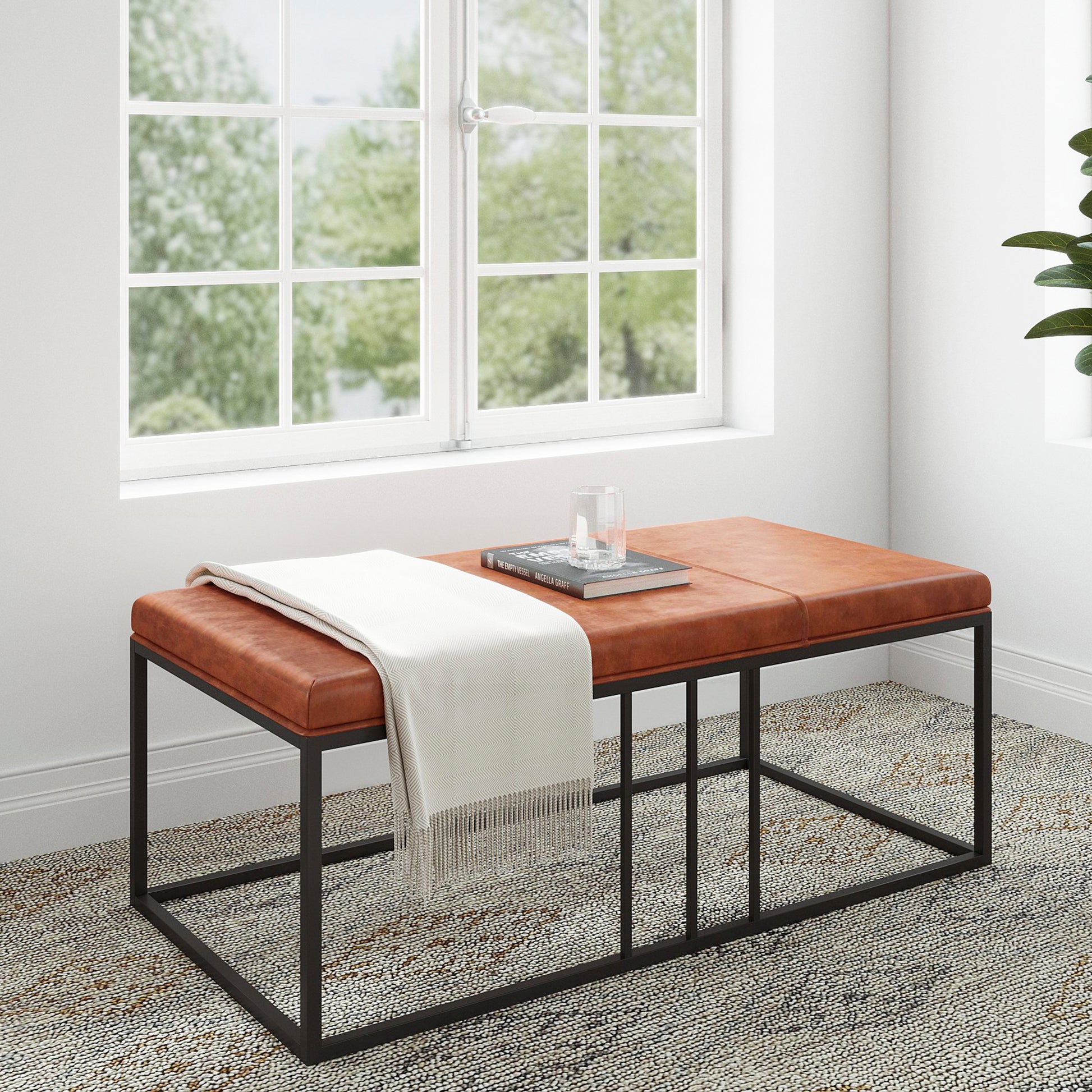 Riley Indoor Brown Faux Leather Multi Function Entry Bench Table Brown Black Foam Metal