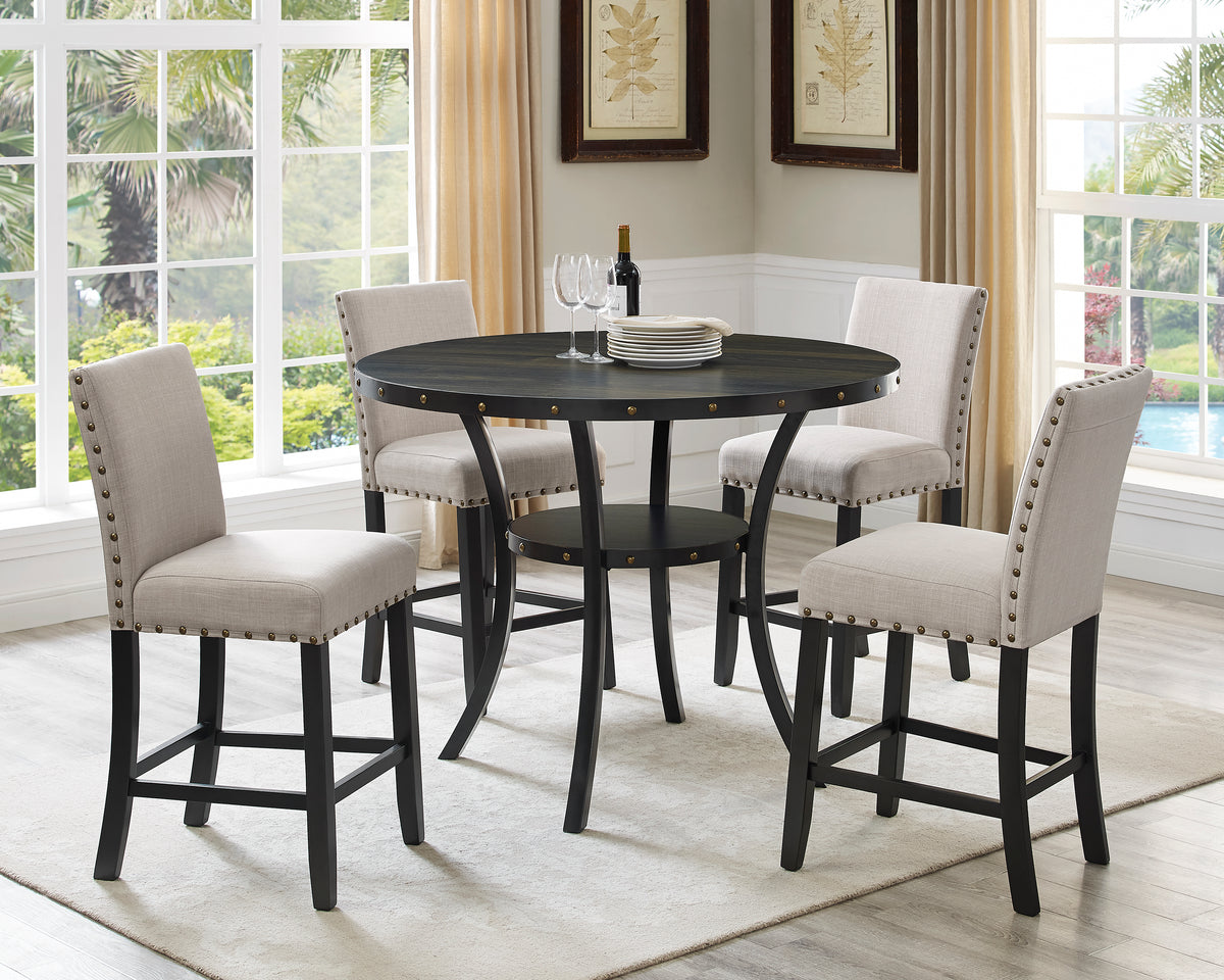 Biony Espresso Wood Counter Height Dining Set With Tan Fabric Stools Wood Brown Tan Seats 4 Metal Fixed Table Round Dining Table With Chair Wood