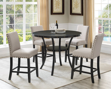 Biony Espresso Wood Counter Height Dining Set With Tan Fabric Stools Wood Brown Tan Seats 4 Metal Fixed Table Round Dining Table With Chair Wood