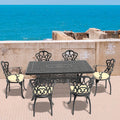 Cushions In Random Colors 7 Piece Set Of Cast Aluminum Patio Furniture With Cushions Yes Dining Set Black Seats 6 Rust Resistant Frame Water Resistant Cushion Garden & Outdoor Complete Patio Sets Aluminium