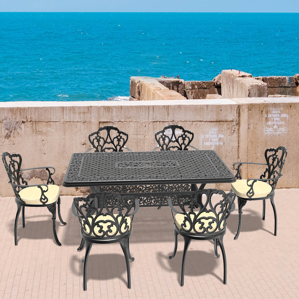 Cushions In Random Colors 7 Piece Set Of Cast Aluminum Patio Furniture With Cushions Yes Dining Set Black Seats 6 Rust Resistant Frame Water Resistant Cushion Garden & Outdoor Complete Patio Sets Aluminium