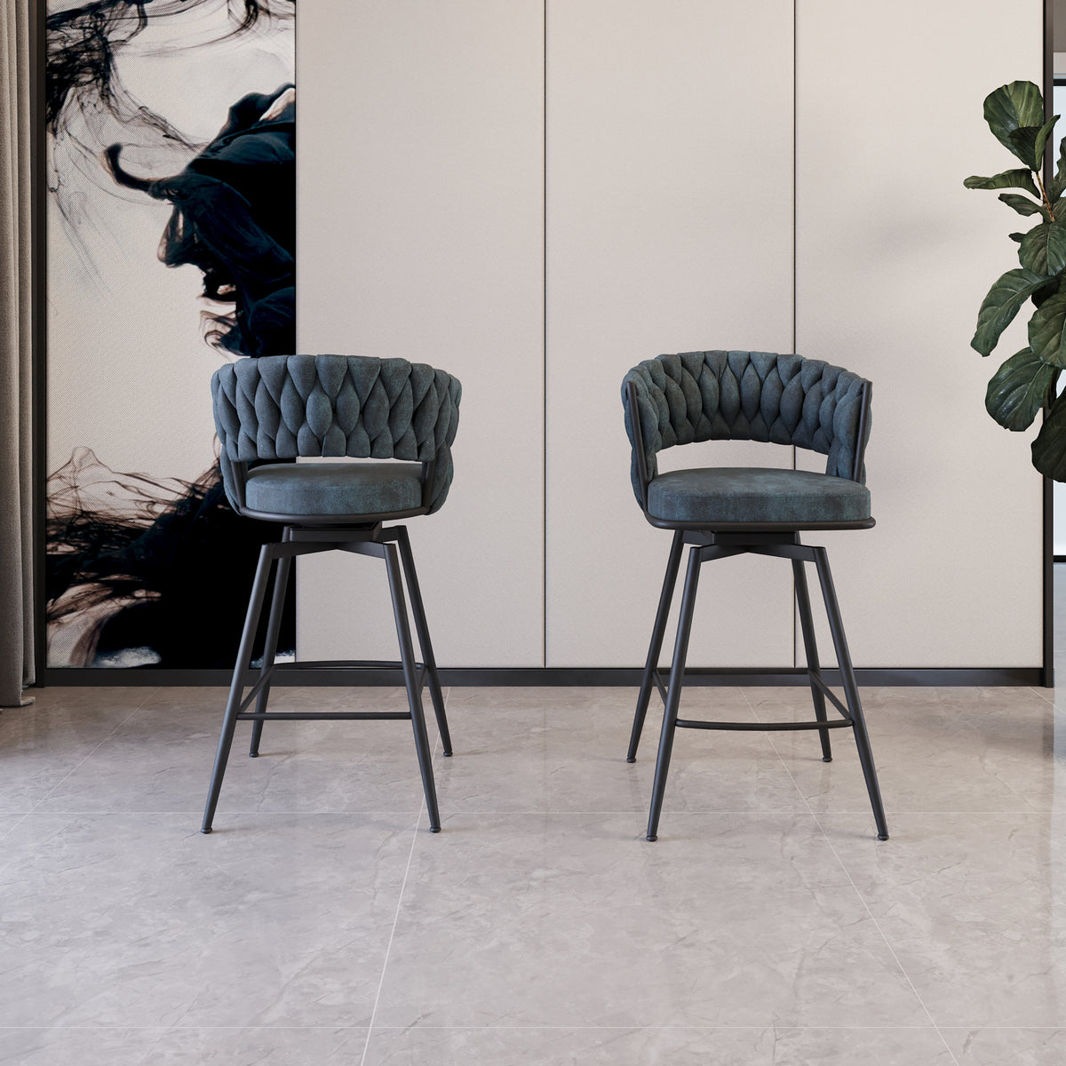 Bar Chair Suede Woven Bar Stool Set Of 2,Black Legs Barstools No Adjustable Kitchen Island Chairs,360 Swivel Bar Stools Upholstered Bar Chair Counter Stool Arm Chairs With Back Footrest, Blue Metal Blue Kitchen Dining Chairs Foam Technical Leather