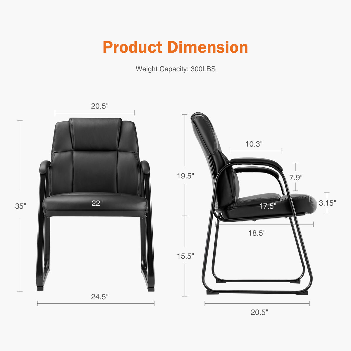 Leather Office Guest Chair No Wheels, Comfy Padded Arms And Seld Base, For Reception Conference Room Black Stainless Steel