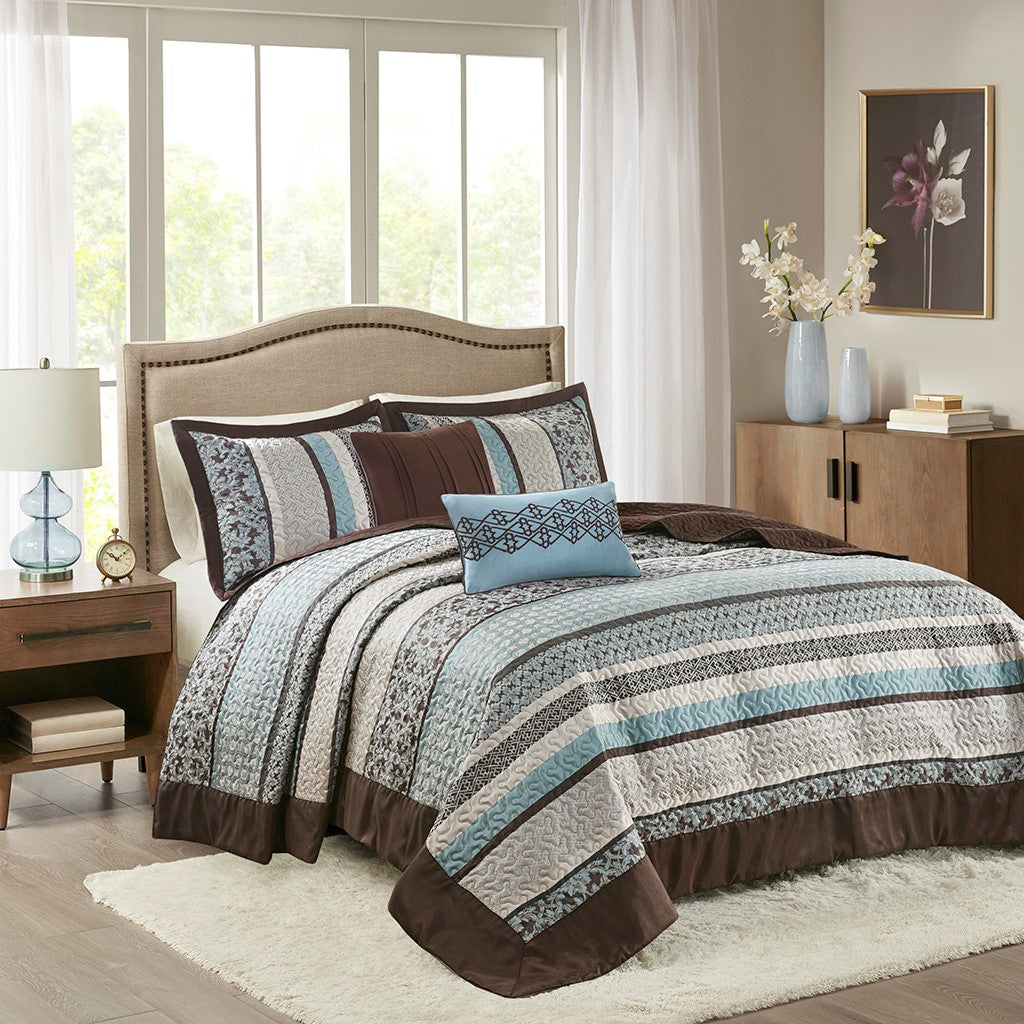 5 Piece Jacquard Quilt Set With Throw Pillows Blue Full Queen Full Blue Cotton
