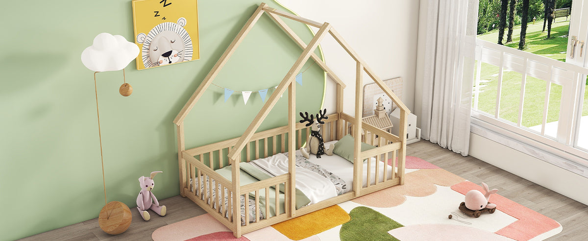 Twin Wood House Shaped Floor Bed With Fence, Guardrails ,Natural Twin Natural American Design Pine