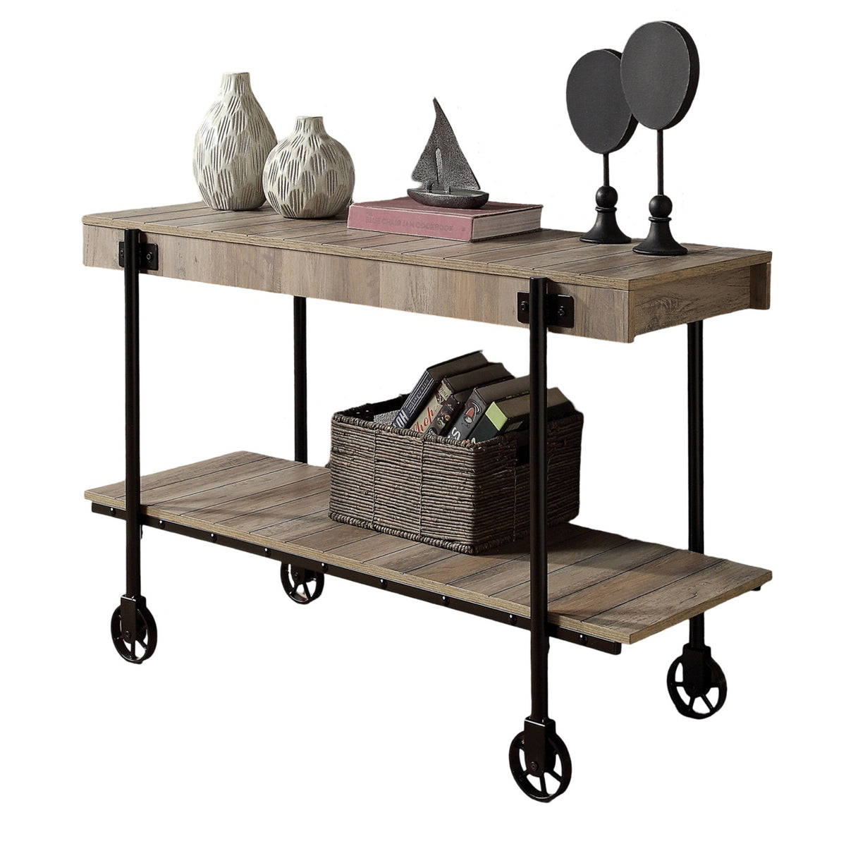 Industrial Style 1Pc Sofa Table Natural Tone Slat Design Console Table Open Bottom Shelf Living Room Furniture Black Natural Primary Living Space Classic,Industrial,Modern,Transitional Console Tables Rectangular Steel
