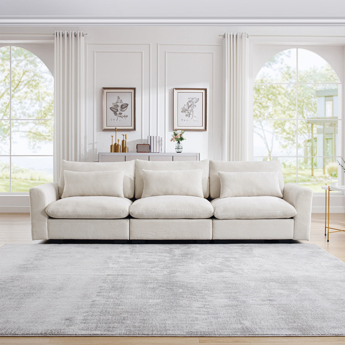 3 Seater Deep Seat Couches For Living Room, Wide And Deep Seat Comfy Living Roo Sofas With 3 Waist Pillows, Beige Corduroy Beige Corduroy 3 Seat