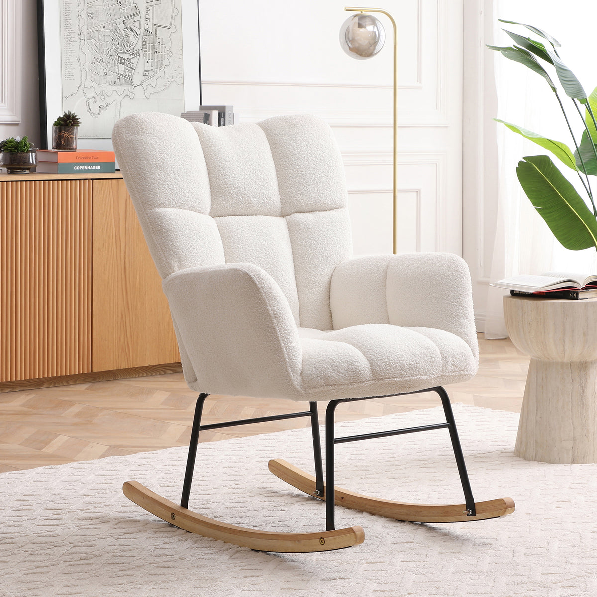 Rocking Chair Teddy Upholstered Glider Rocker Rocking Accent Chair Padded Seat With High Backrest Armchair Comfy Side Chair For Living Room Bedroom Offices Beige Beige Polyester