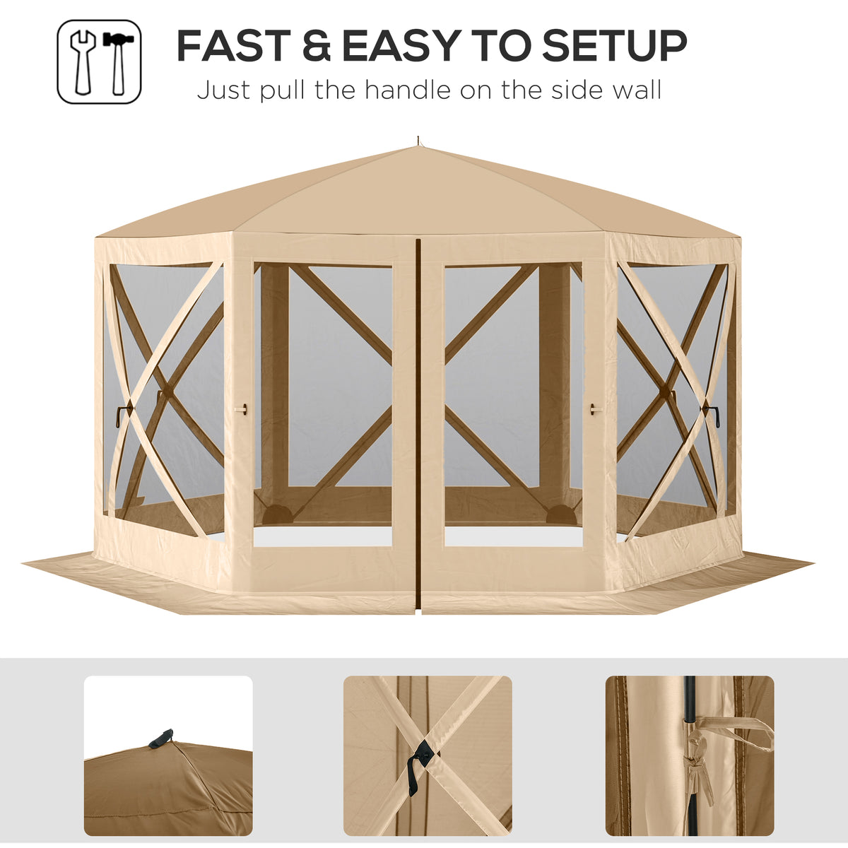 Outsunny 12' X 12' Hexagon Screen House, Pop Up Tent Portable Gazebo Canopy Shelter With Mesh Netting Walls, Carry Bag And Shaded Interior, Beige Beige Polyester