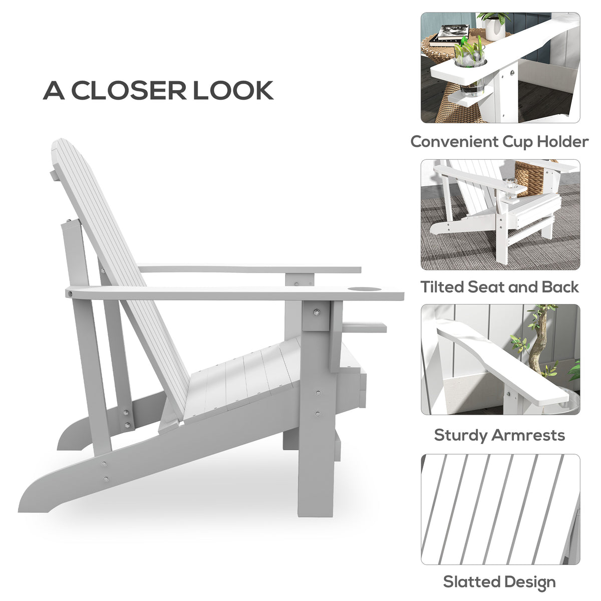Outsunny Wooden Adirondack Chair, Outdoor Patio Lawn Chair With Cup Holder, Weather Resistant Lawn Furniture, Classic Lounge For Deck, Garden, Backyard, Fire Pit, White White Wood