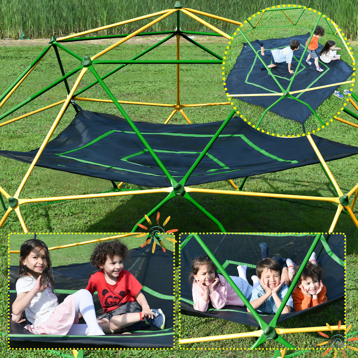 13Ft Geometric Dome Climber Play Center, Kids Climbing Dome Tower With Hammock, Rust & Uv Resistant Steel Supporting 1000 Lbs Yellow Metal