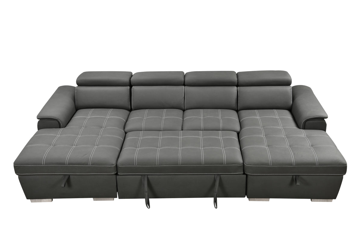 U Shaped Sleeper Sofa, 121 Inch Overisze 2 In 1 Pull Out Bed, Sectional Sleeper Sofa With Double Storage Chaise For Living Room Furniture, Charcoal Grey Light Brown Wood Primary Living Space Medium Duty Eucalyptus 6 Seat Charcoal Grey Polyester Soft