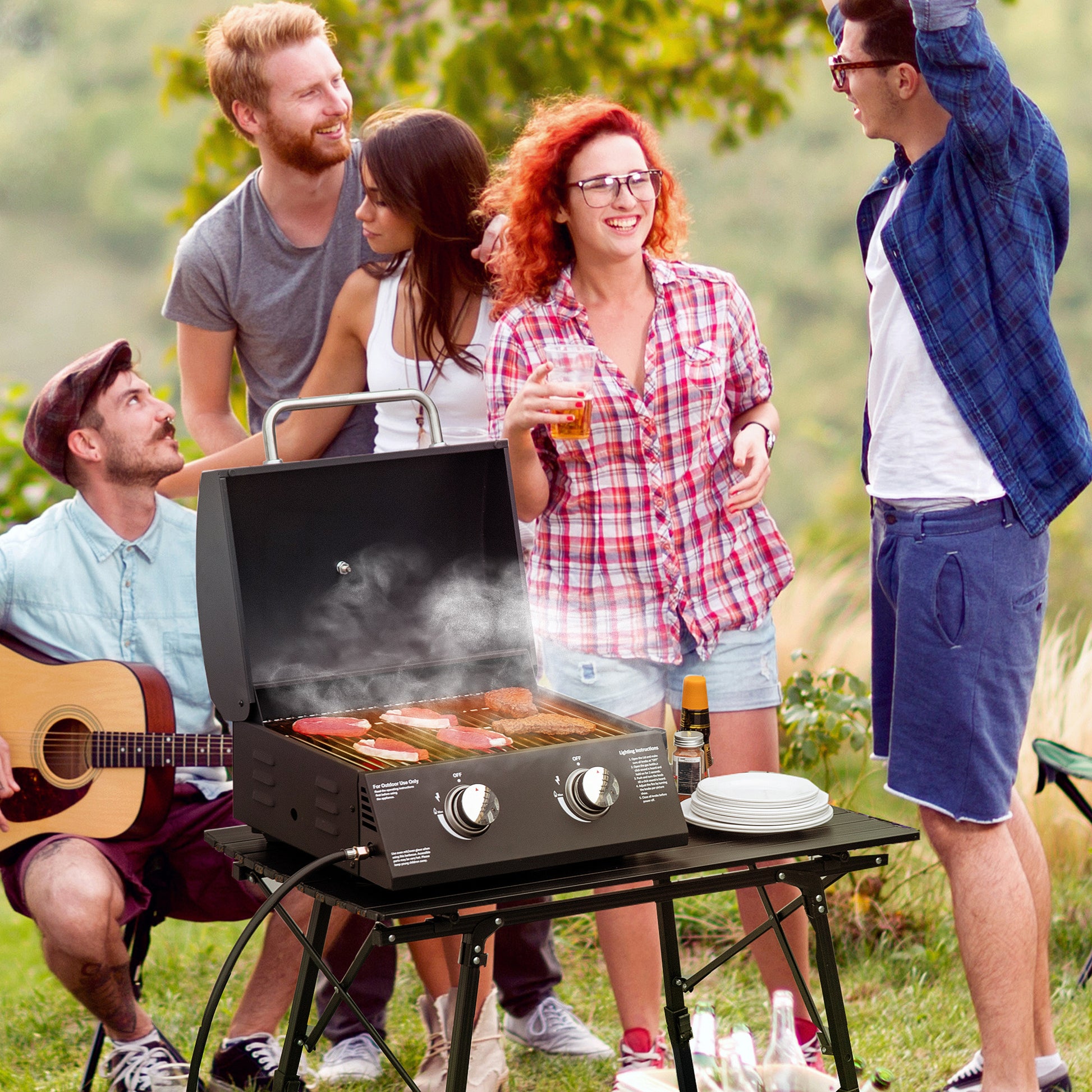 Outsunny 2 Burner Propane Gas Grill Outdoor Portable Tabletop Bbq With Foldable Legs, Lid, Thermometer For Camping, Picnic, Backyard, Black Black Carbon Steel