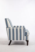 Upholstered Accent Chair, Vintage Armchair With Blue And White Striped Linen Fabric And Trim For Living Room Blue Cotton
