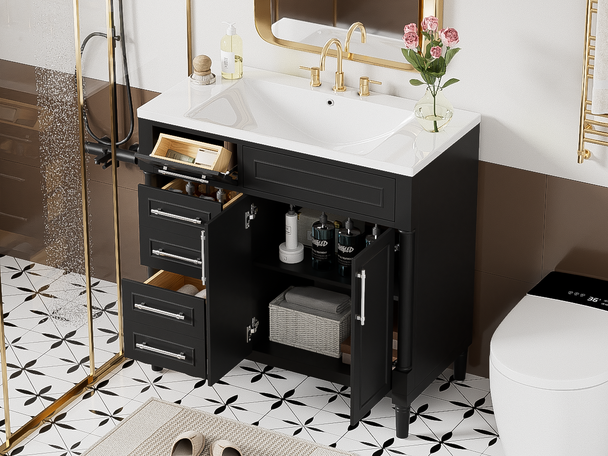 36'' Bathroom Vanity With Top Resin Sink, Freestanding Bathroom Storage Cabinet With 2 Drawers And A Tip Out Drawer, Solid Wood Frame Vanity Set, Height Adjustable Shelf 3 Black 2 2 Adjustable Shelves Bathroom Freestanding Solid Wood Mdf Resin Painted