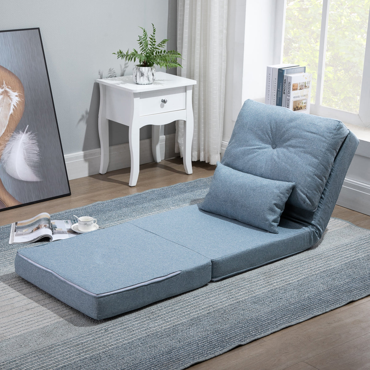 Homcom Convertible Flip Chair, Floor Lazy Sofa, Folding Upholstered Couch Bed With Adjustable Backrest, Metal Frame And Pillows For Living Room Bedroom, Blue Blue Steel