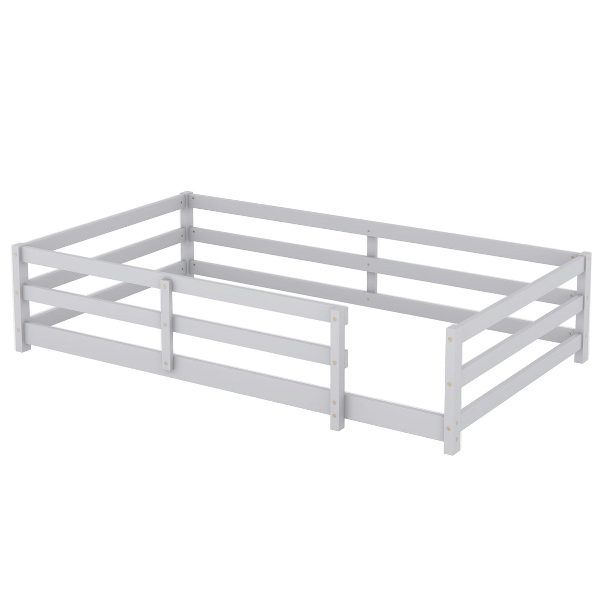 Twin Size Floor Bed, Montessori Floor Bed With Fence, Kids Montessori Bed Twin Size, Wood Montessori Floor Bed For Kids, Girls, Boys Gray Grey Wood Metal
