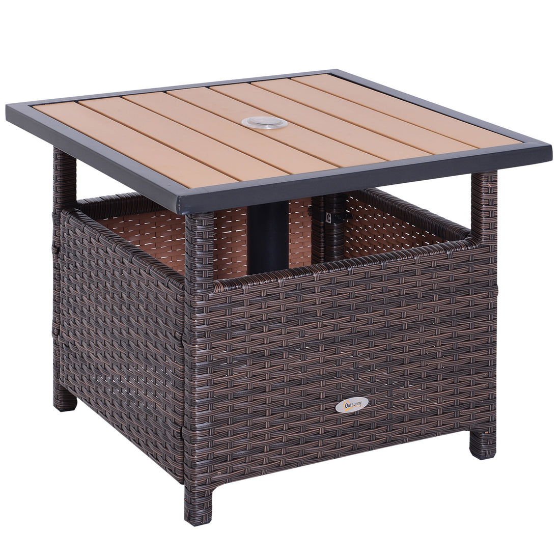 Outsunny 22'' Rattan Wicker Side Table With Steel Frame, Umbrella Insert Hole, Sand Bag For Outdoor, Patio, Garden, Backyard, Brown Brown Rattan