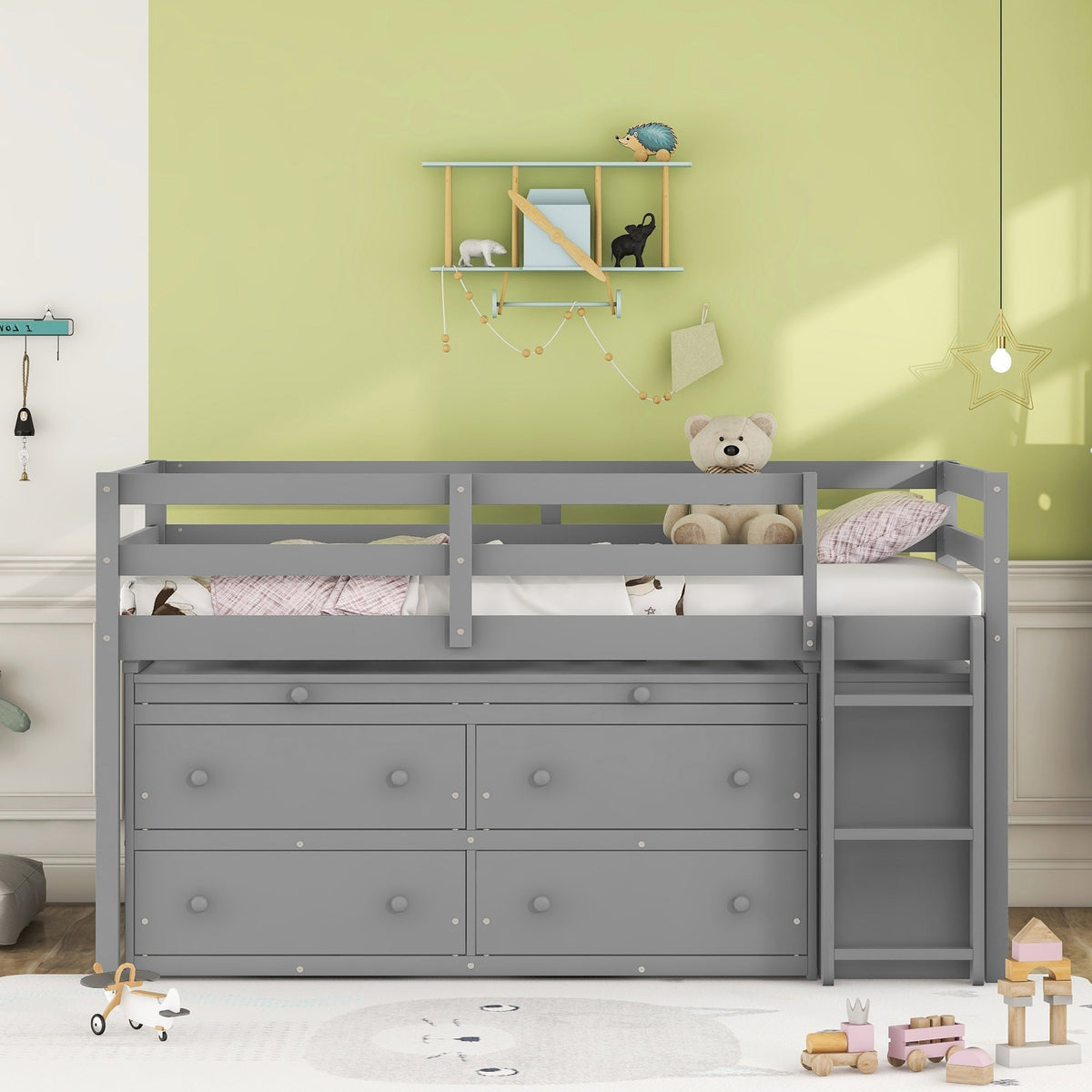 Twin Size Loft Bed With Retractable Writing Desk And 4 Drawers, Wooden Loft Bed With Lateral Portable Desk And Shelves, Gray Gray Solid Wood Mdf