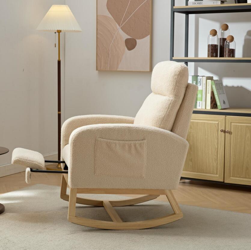 Modern Accent Rocking Chair Rocking Chair With Solid Wood Legs, Upholstered Nursery Glider Rocker, Comfy Armchair With Side Pocket, Living Room Lounge Arm Chair With High Backrest Teddy Beige Rubber