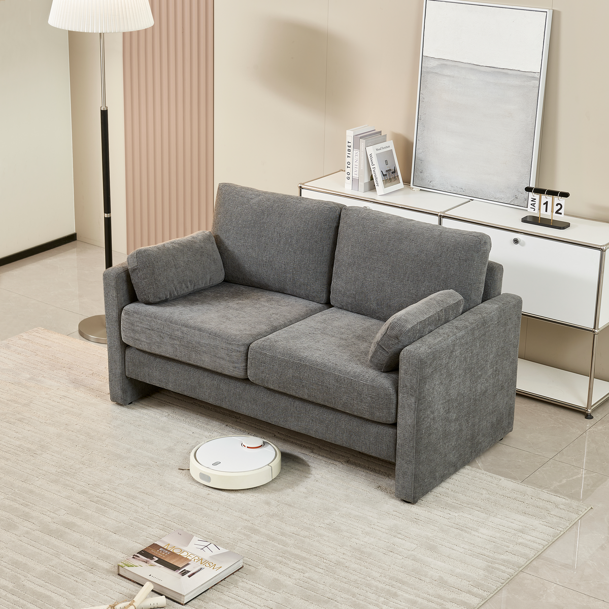 58.66" Small Modern Loveseat Sofa, Mid Century Chenille Fabric 2 Seat Couch Beautiful Seat With Back Cushions, Accent Sofa Couch For Living Room, Bedroom And Small Space Gray Wood Foam Chenille 2 Seat