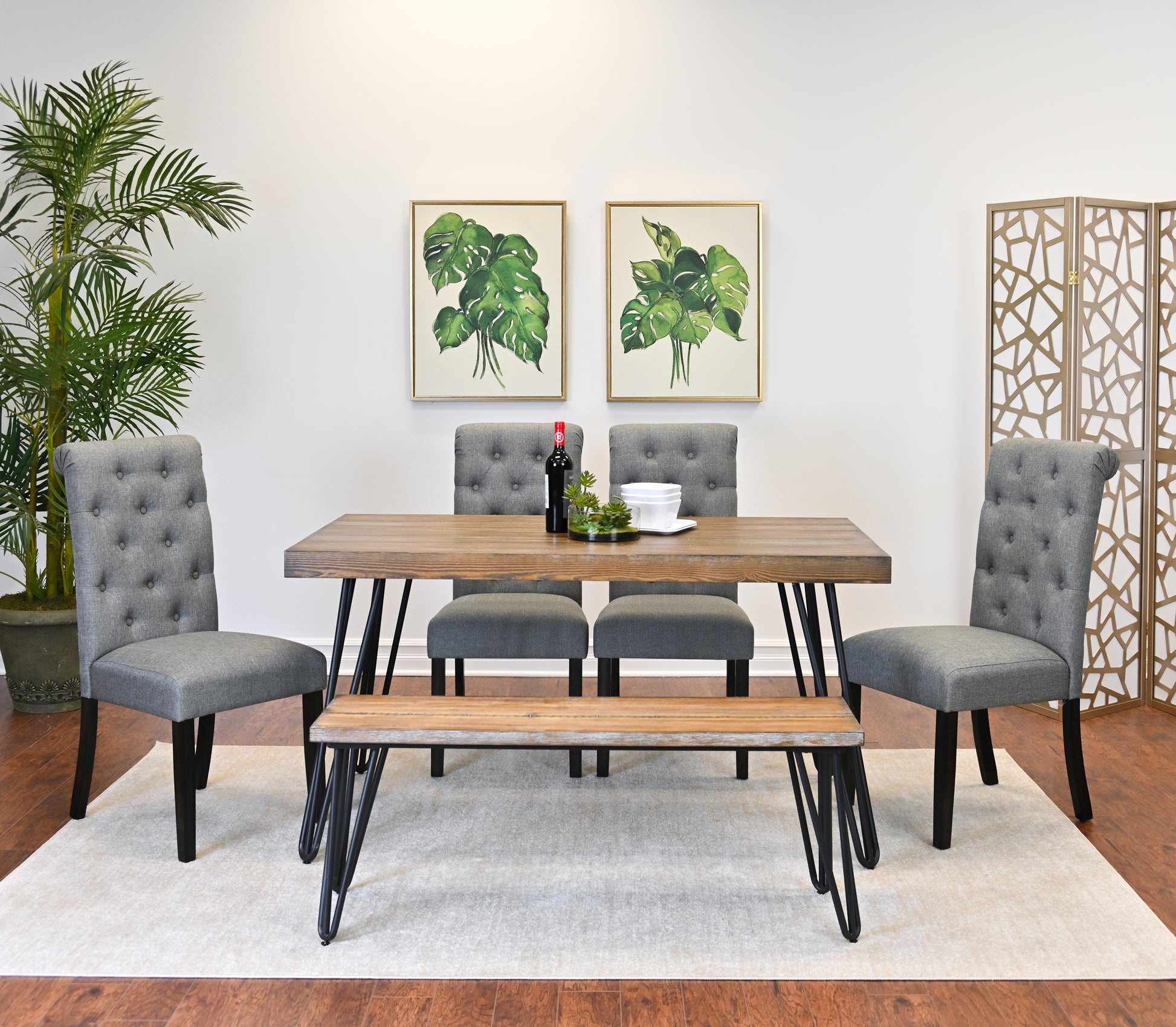 Ashford 6 Piece Dining Set, Hairpin Dining Table With 4 Chairs And Bench, 4 Color Options Brown Metal Dining Room Fixed Table Rubberwood Rectangular Dining Table With Chair And Bench Wood Wood Brown Seats 6 Rectangular 4 Leg Mdf Metal