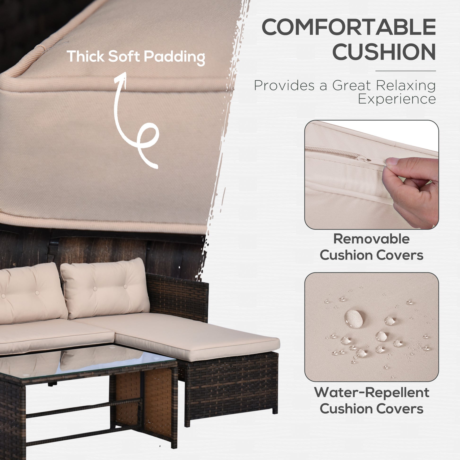 Outsunny 3 Piece Patio Furniture Set, Rattan Outdoor Sofa Set With Chaise Lounge & Loveseat, Soft Cushions, Tempered Glass Table, L Shaped Sectional Couch, Beige Beige Rattan Metal