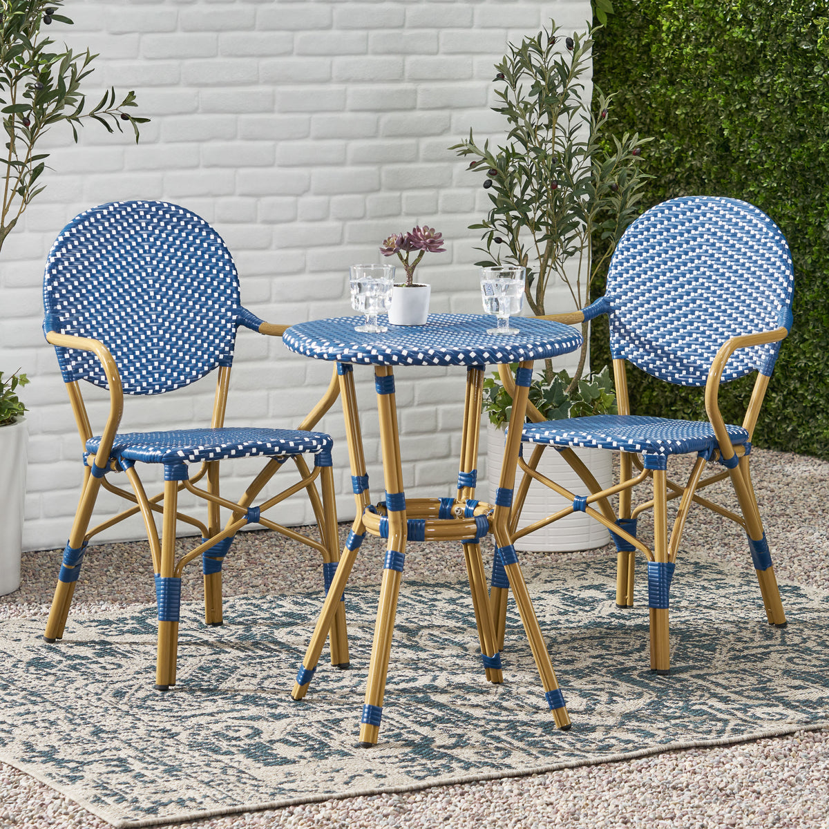 Outdoor Pe Rattan And Aluminum 3 Piece French Bistro Set, Dark Teal & White, And Bamboo Finish No Teal Blue,White Seats 2 Rust Resistant Frame Garden & Outdoor French 2 Person Seating Group Aluminum,Wicker