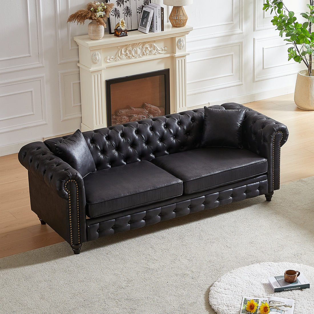 Fx 85.5"Living Room With Tech Fabric Chesterfield Sofa With Rolled Arms 3 Seater Sofa With Button Design And 2 Cushions For Apartment, Office, Living Room Black Wood Primary Living Space Pine Foam Fabric 3 Seat